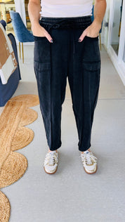 Barrel Fit Utility Acid Wash Pants Black