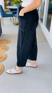 Barrel Fit Utility Acid Wash Pants Black