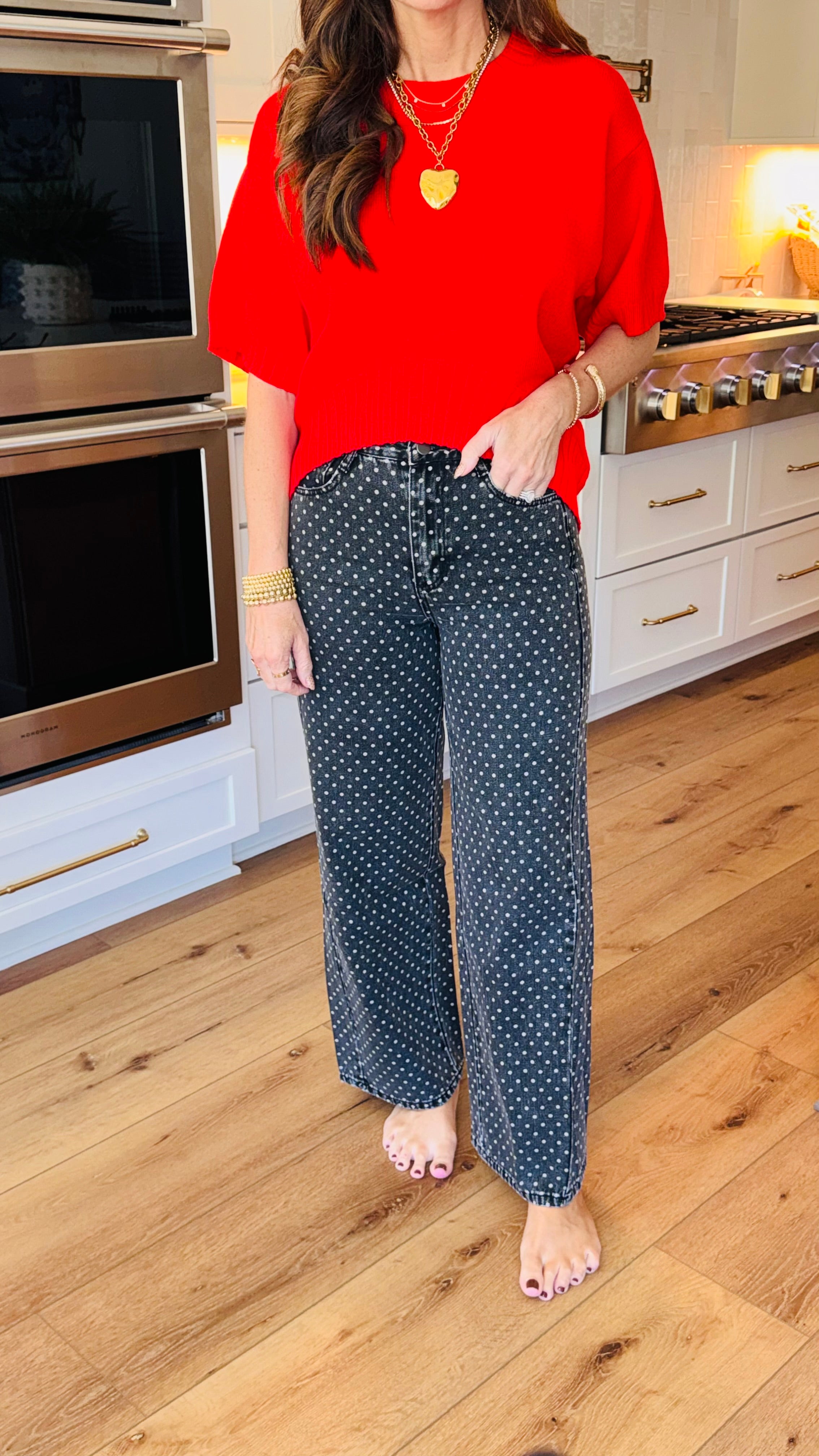 Black Mid Rise Polka Dot Print Barrel Leg Ankle Length Jeans