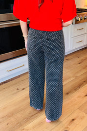 Black Mid Rise Polka Dot Print Barrel Leg Ankle Length Jeans