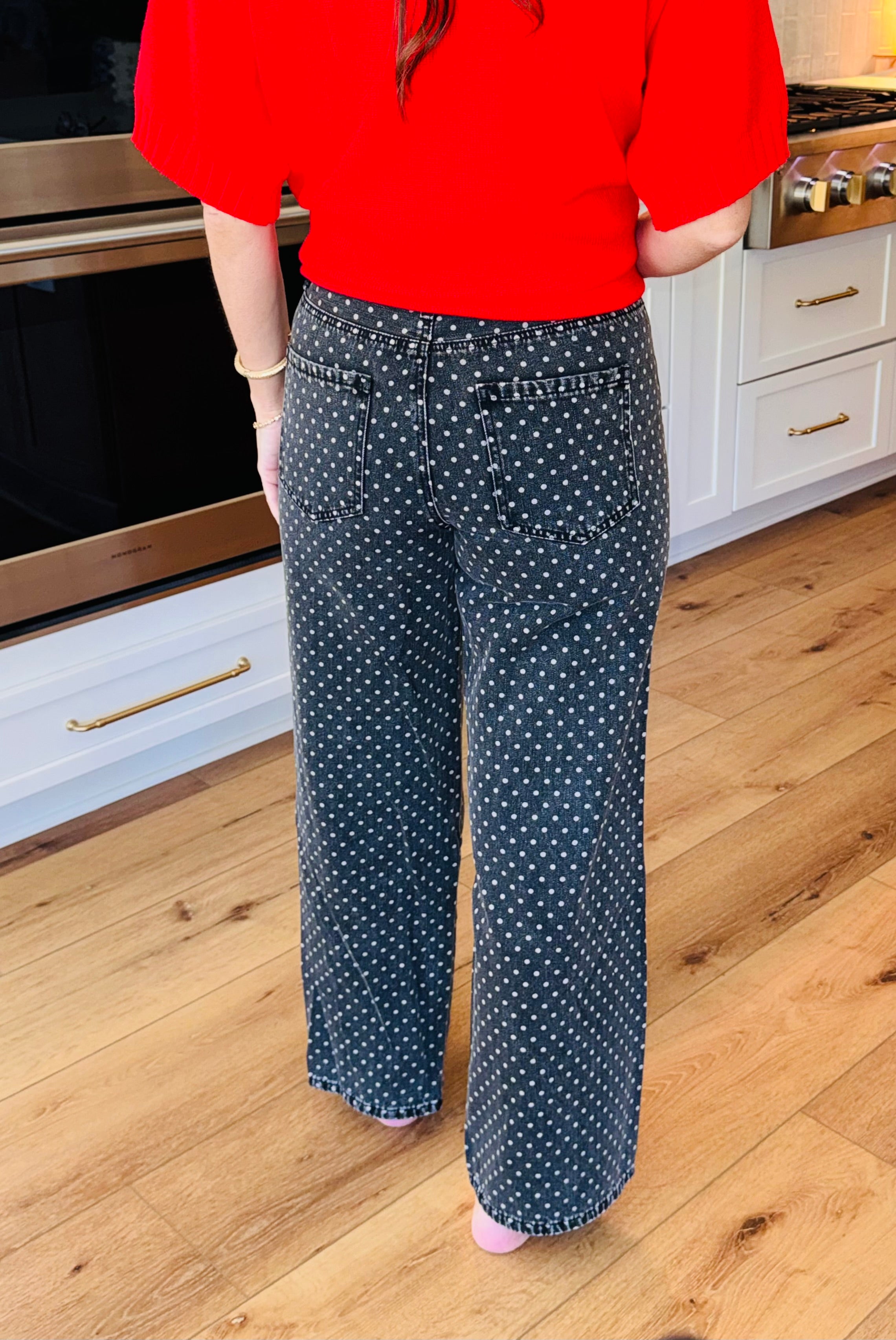 Black Mid Rise Polka Dot Print Barrel Leg Ankle Length Jeans