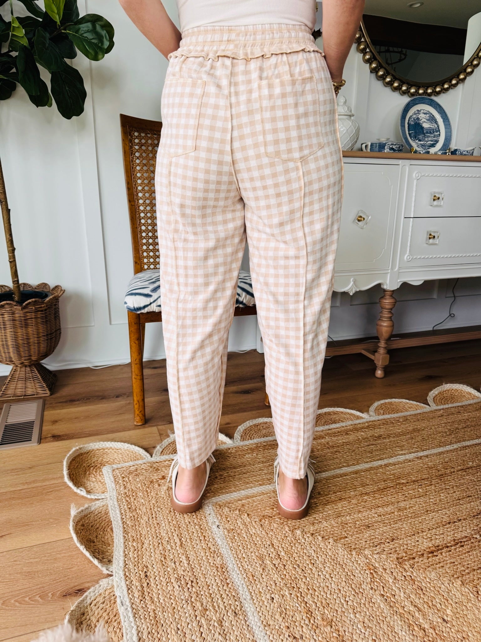 Brown Gingham Utility Fit Barrel Pants