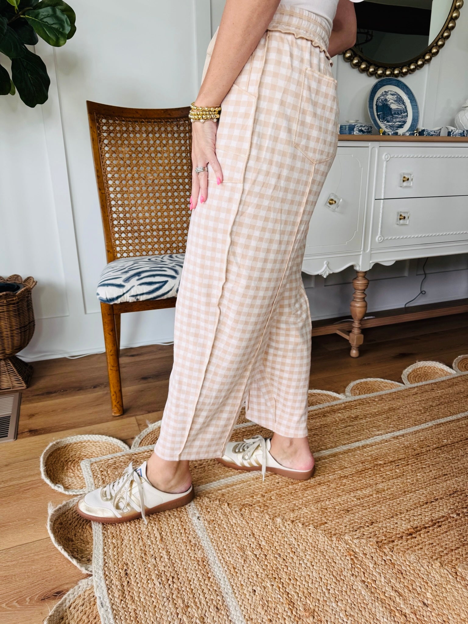 Brown Gingham Utility Fit Barrel Pants