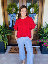 Cable Knit Short Sleeve Top Burgundy