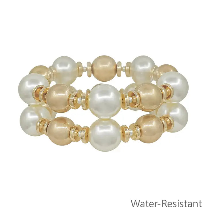 Water Resistant Matte Gold and Pearl Beaded Set of 2 Bracelets