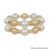 Water Resistant Matte Gold and Pearl Beaded Set of 2 Bracelets