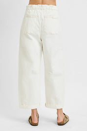 High Rise Crop Wide Barrel Cargo Pocket Pants Cream
