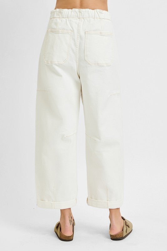 High Rise Crop Wide Barrel Cargo Pocket Pants Cream