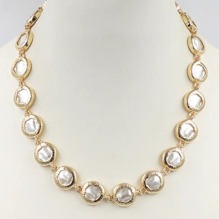 Gold Hammered Circle with Freshwater Pearl Necklace