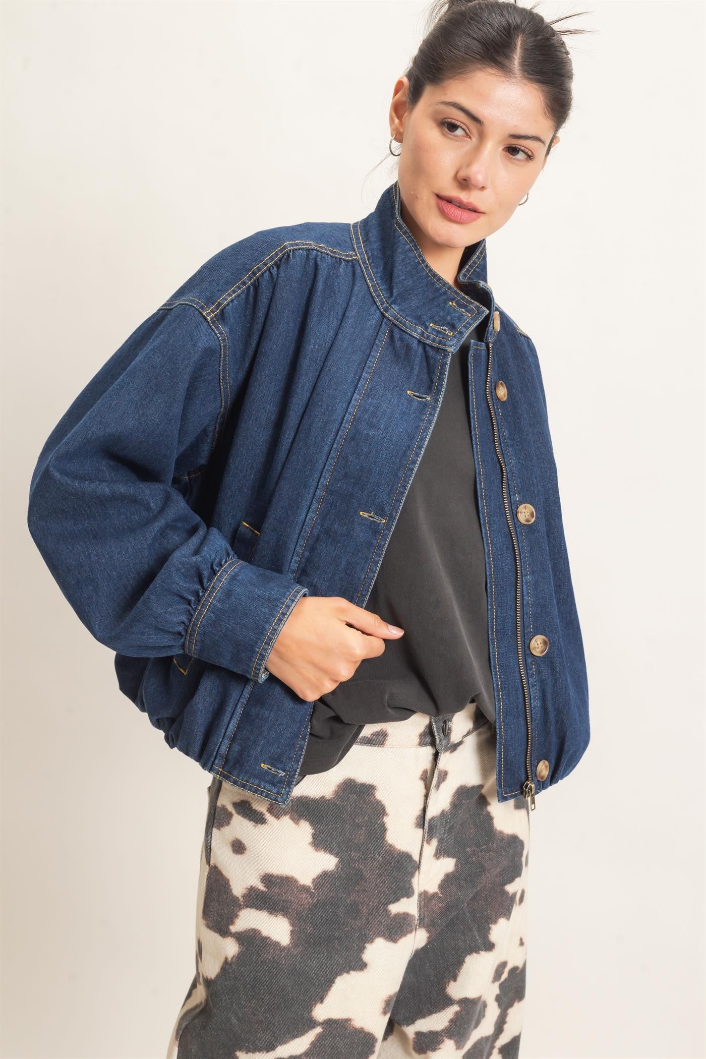 High Collar Denim Bomber Jacket