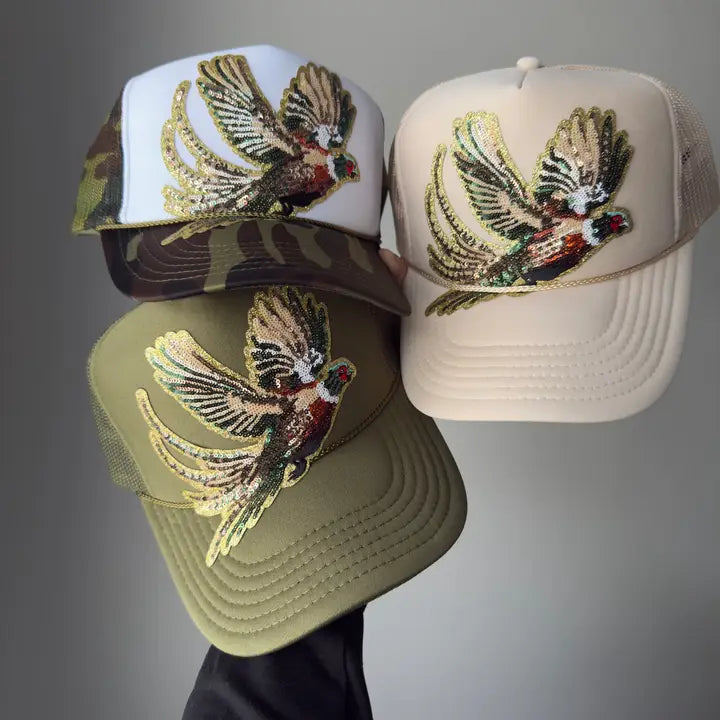 The BK Olive Sequin Pheasant Trucker Hat