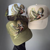The BK Olive Sequin Pheasant Trucker Hat