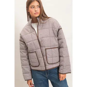 The Cabin Gingham Quilted Brown Jacket