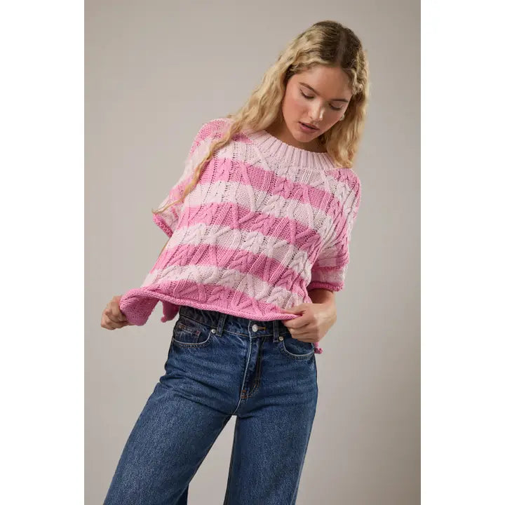 Pink Striped Cable Knit Sweater