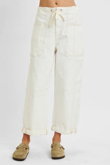 High Rise Crop Wide Barrel Cargo Pocket Pants Cream