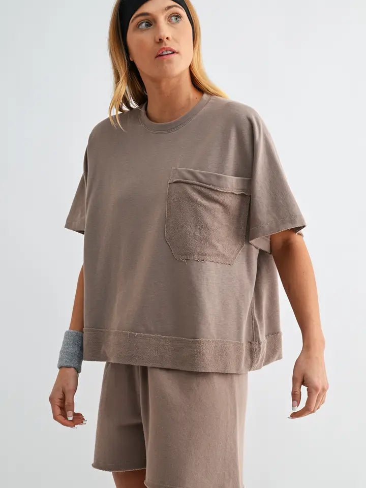 Offset Raw Edge Pocket Tee Taupe