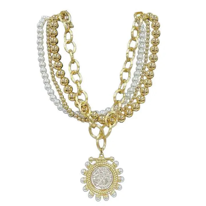 Thick Gold Beaded Necklace with Pearl and Large Stamped Charm Necklace