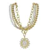 Thick Gold Beaded Necklace with Pearl and Large Stamped Charm Necklace